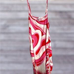 Red pink and white ruched dress